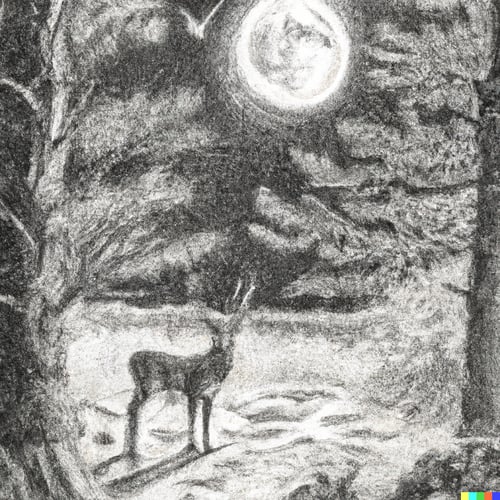 DALL·E 2023-06-19 10.46.57 - A Woodland scene, with a large full moon on a frosty night with a deer in the foreground as a pencil drawing
