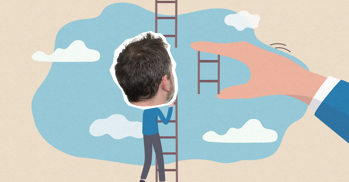 Man climbing a ladder with pieces missing